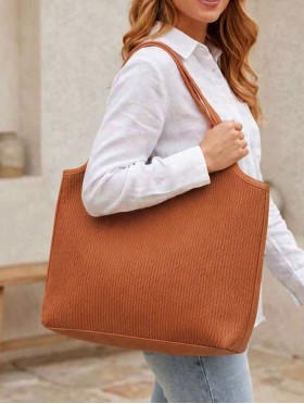 Faux Leather Ribbed Satchel Bag with Strap 